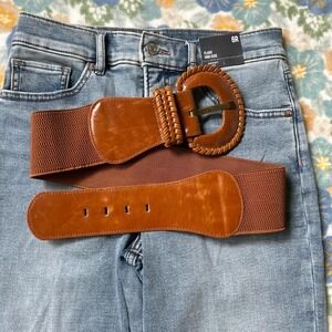 Tan and brown orange faux leather stretch belt